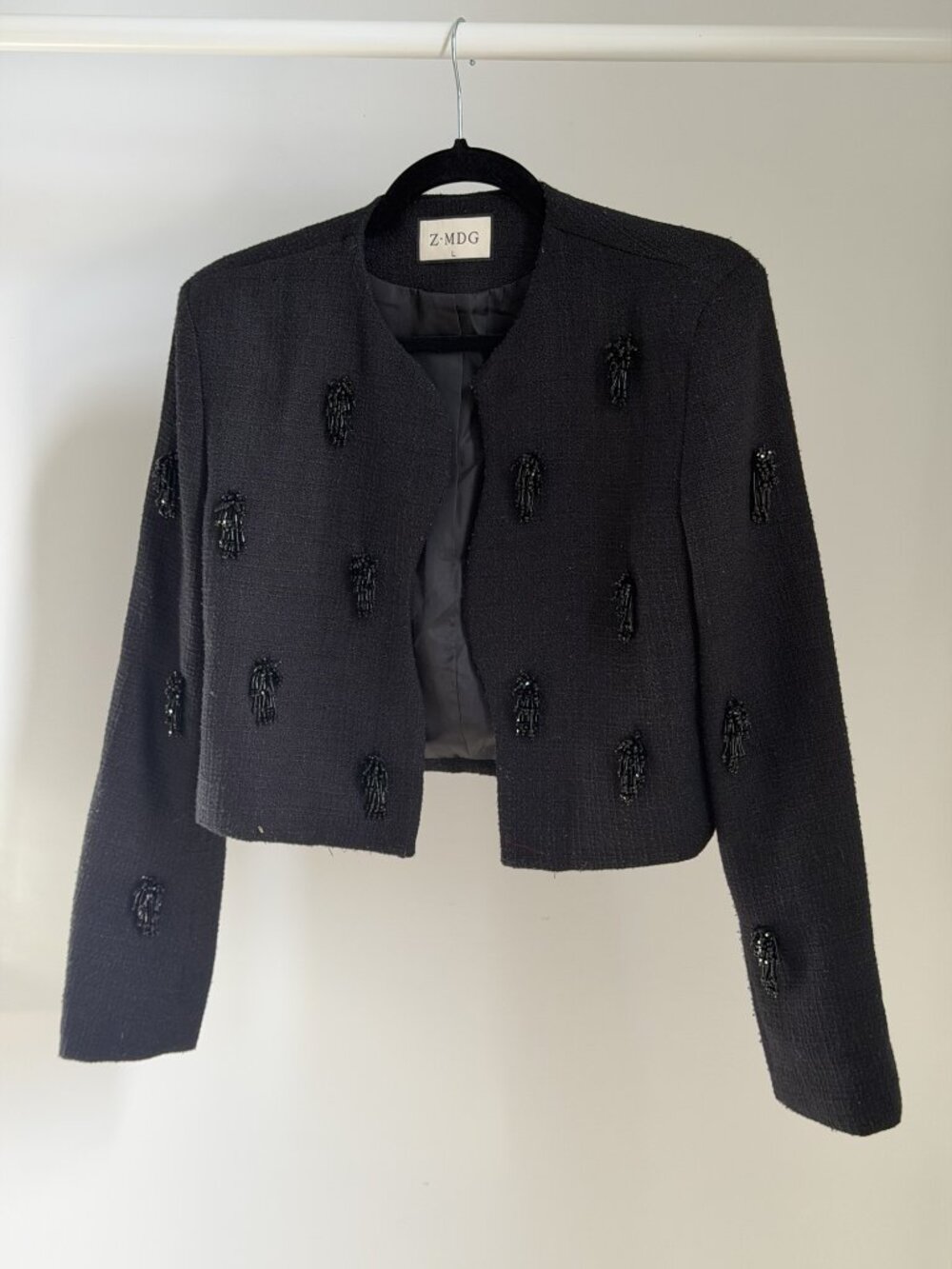 Black Cropped Tweed Jacket Beaded Embellishment Collarless Size S-M